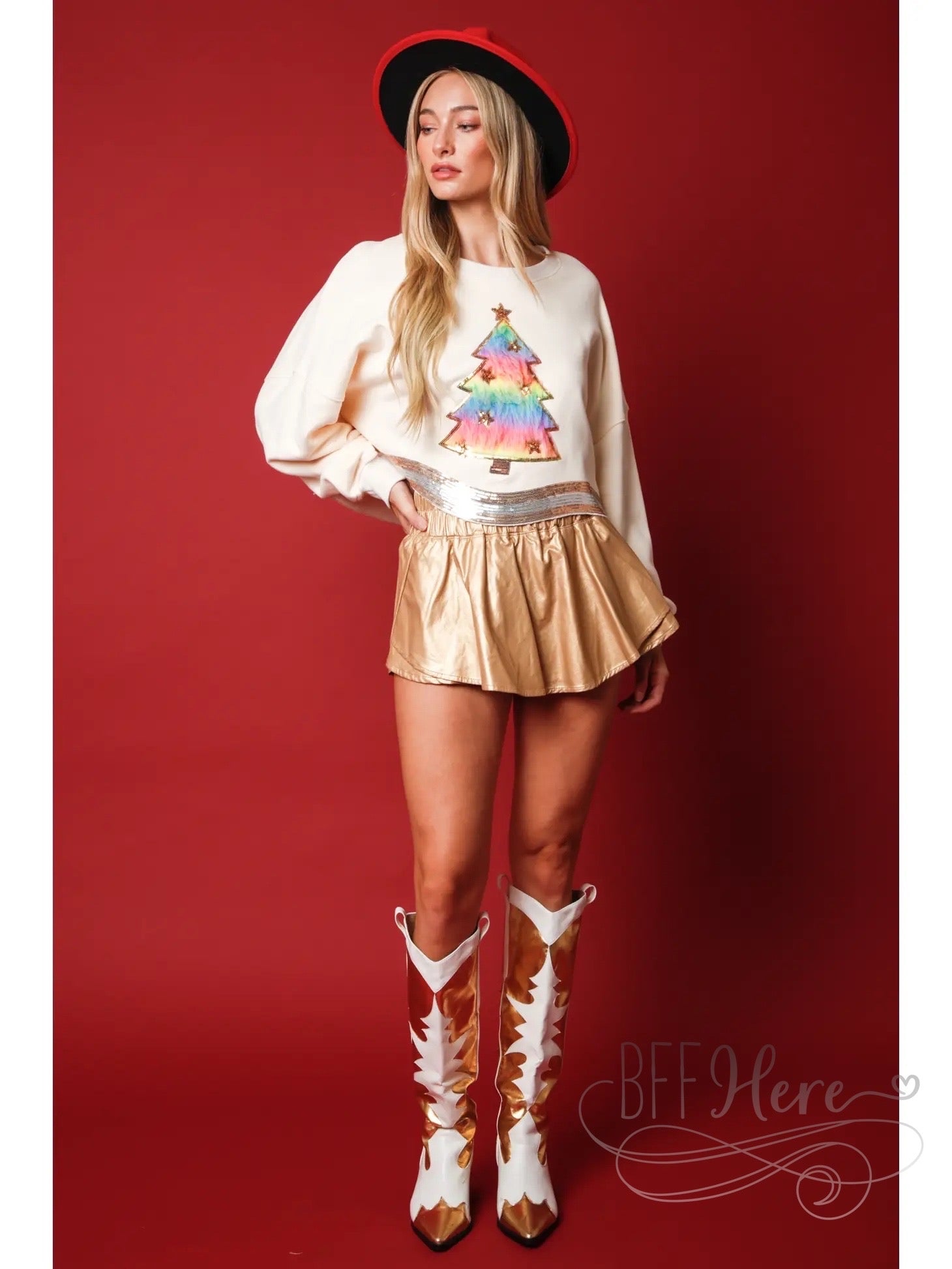 Shimmer & Cozy: Sequin-Trimmed Christmas Tree Faux Fur Sweatshirt - BFF Here