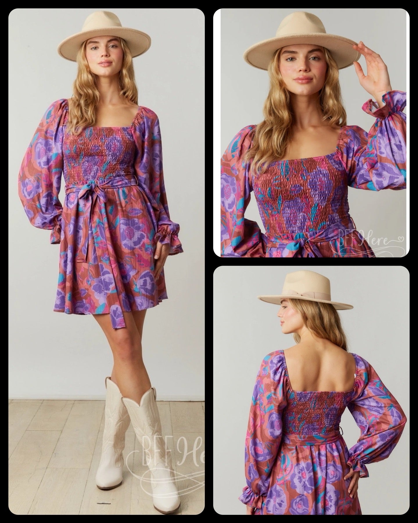Romantic Garden: Whimsical Floral Smocked Dress with Chic Puff Sleeves - BFF Here