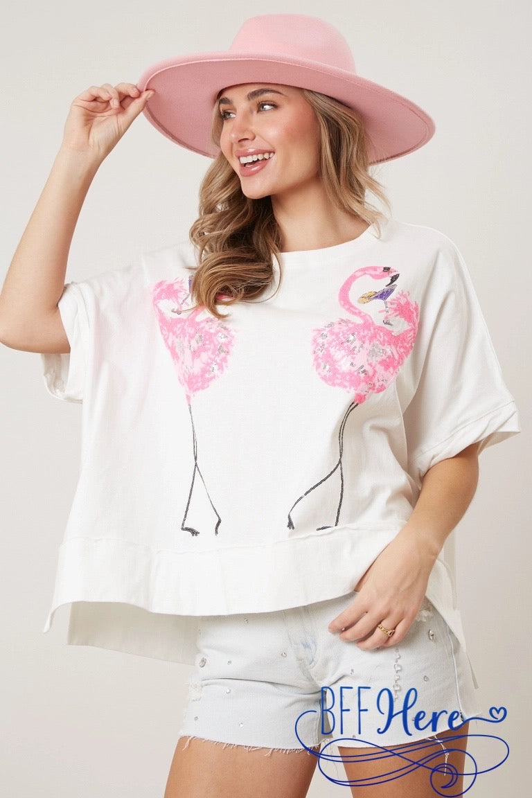 PREORDER: Pink Paradise: Sequin Flamingo Embroidery Tee (Ships End of February) - BFF Here