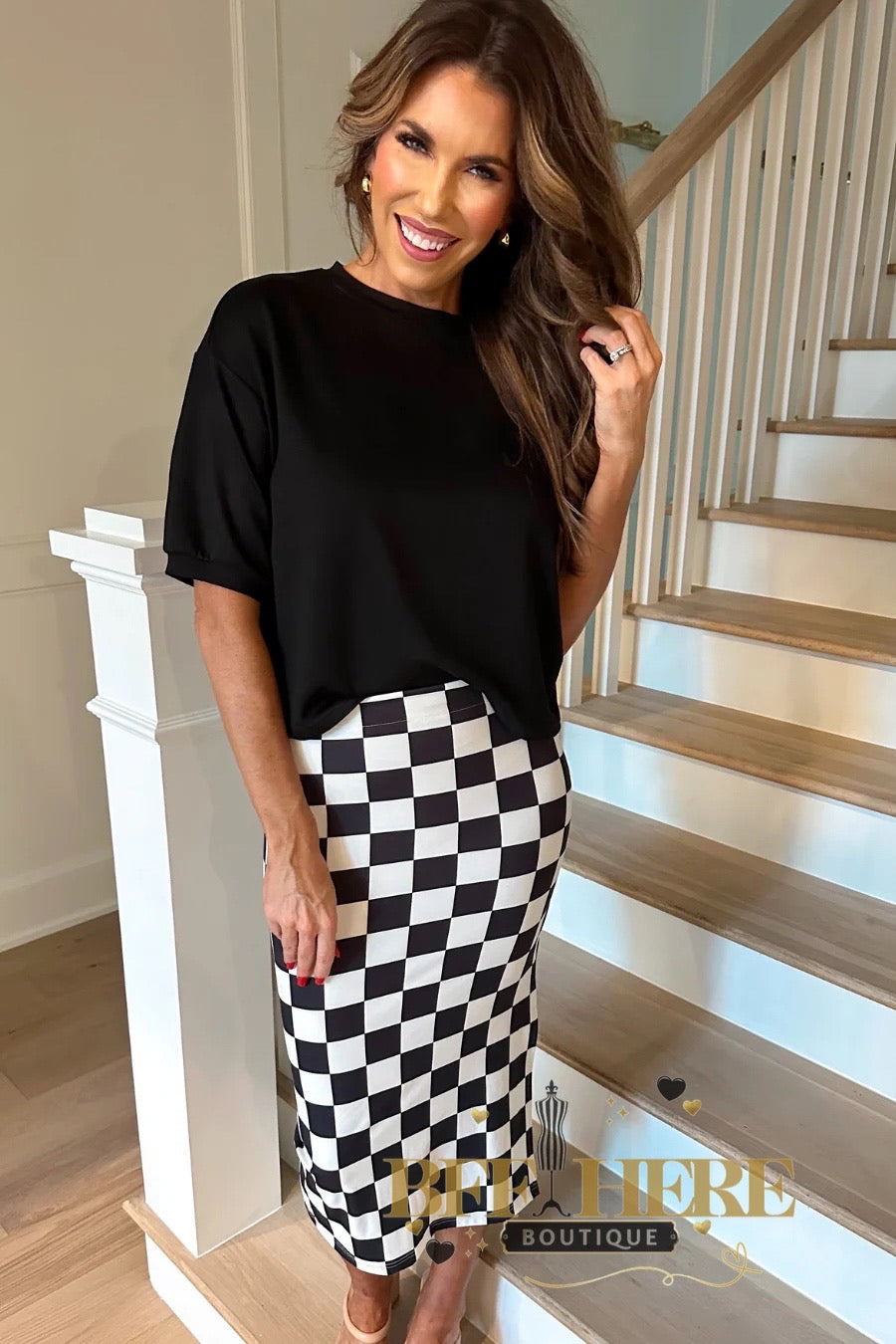 PREORDER-Checkered Printed Midi Skirt, Black/White by Jess Lea (ETA: Middle of January)