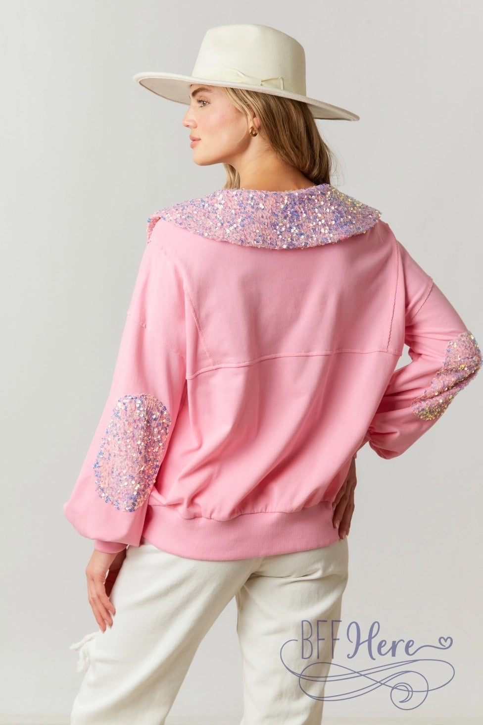 Elegant Fusion: French Terry & Sequin Half-Zip - BFF Here