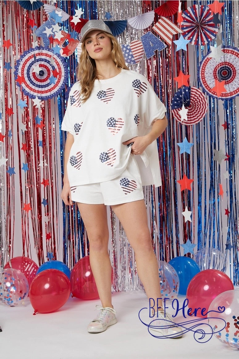 PREORDER: Stars, Stripes, & Sparkle: Sequin America Hearts T-Shirt (Ships Middle of February ) - BFF Here