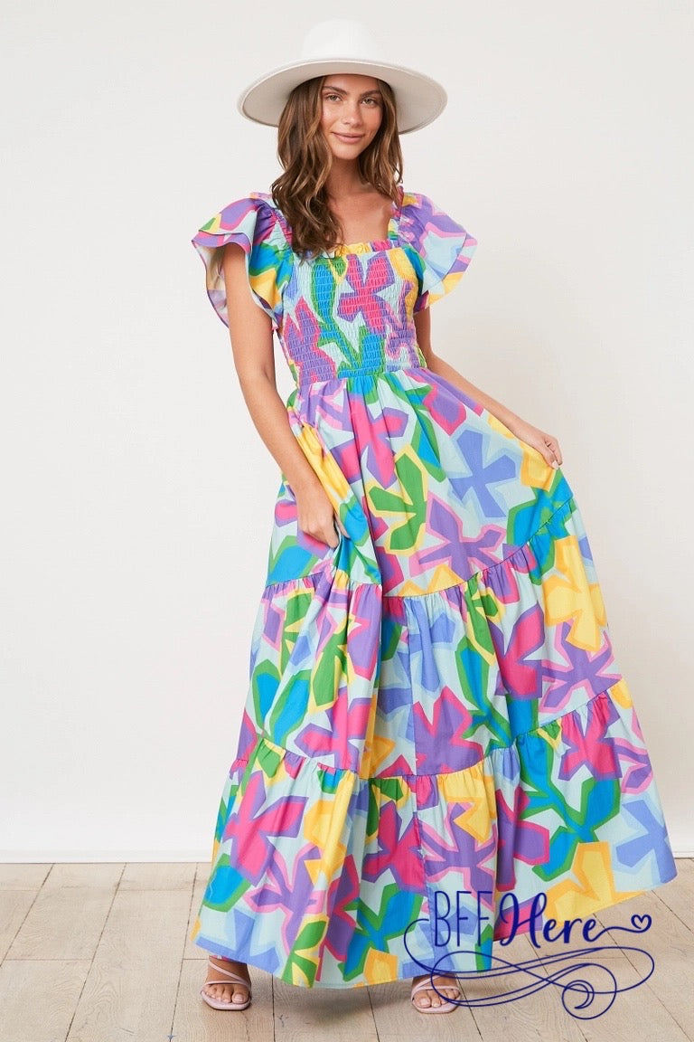 PREORDER : Floral Fantasy: Graceful Ruffle Sleeve Maxi Dress (Ships Middle of March) - BFF Here