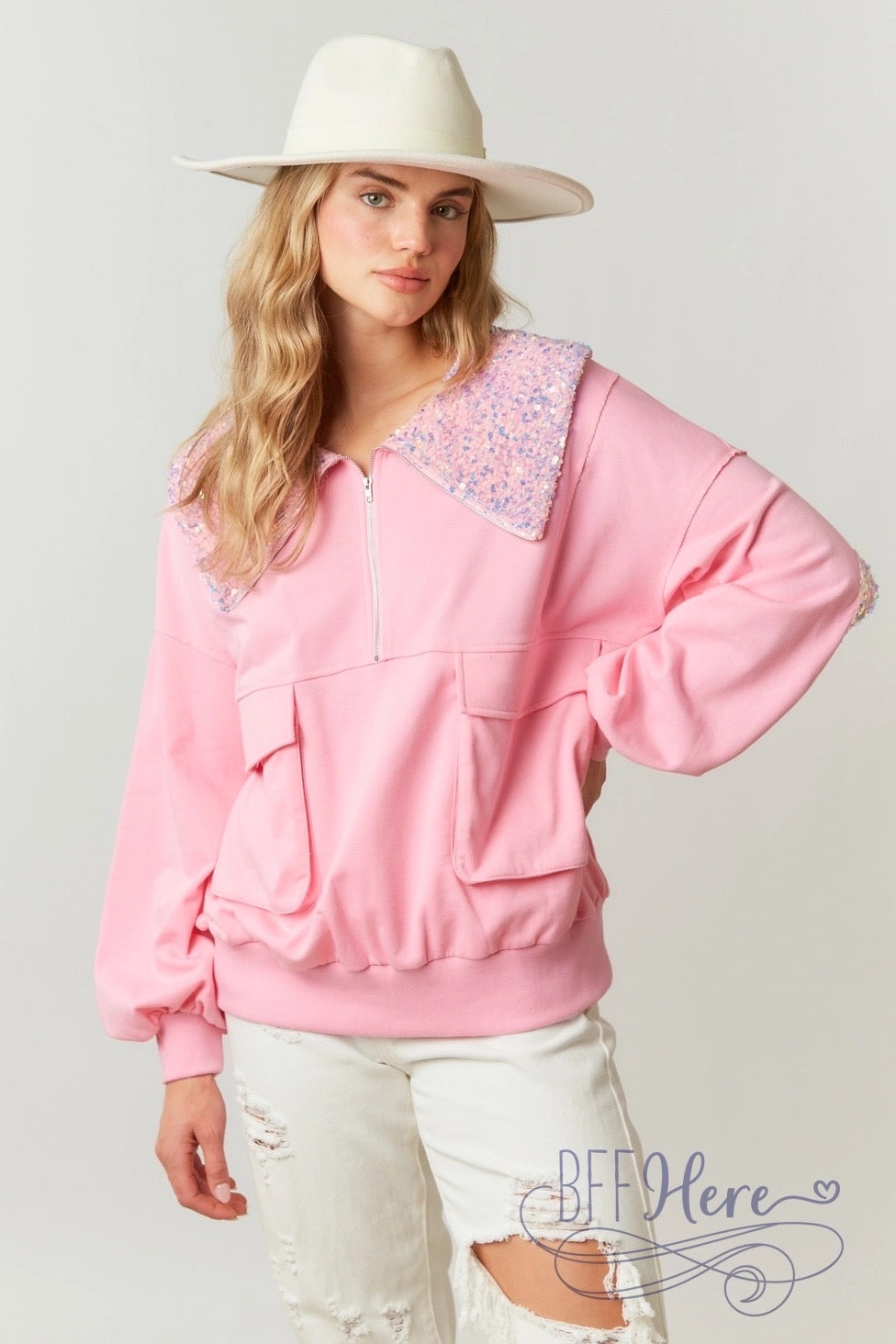Elegant Fusion: French Terry & Sequin Half-Zip - BFF Here