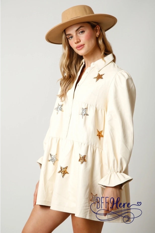 Midnight Spark: Leather Shirt Dress with Sequin Stars / Choice of Color) - BFF Here