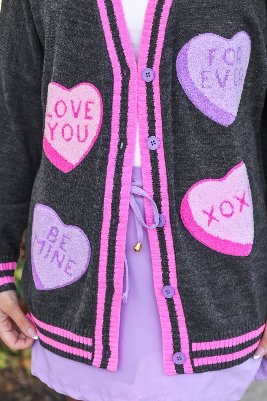 PREORDER: Chenille Patch Candy Hearts Cardigan by Jess Lea (ETA: Mid December) - BFF Here