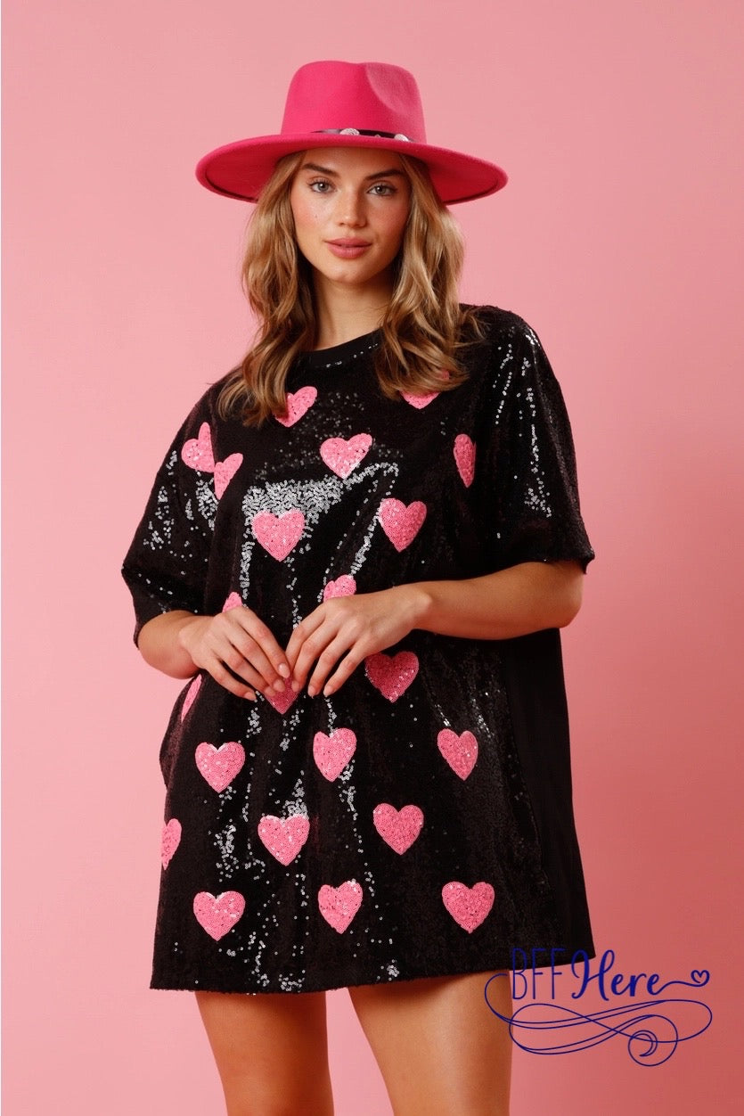 Blushing Hearts: Pink Sequin Shirt Dress - BFF Here