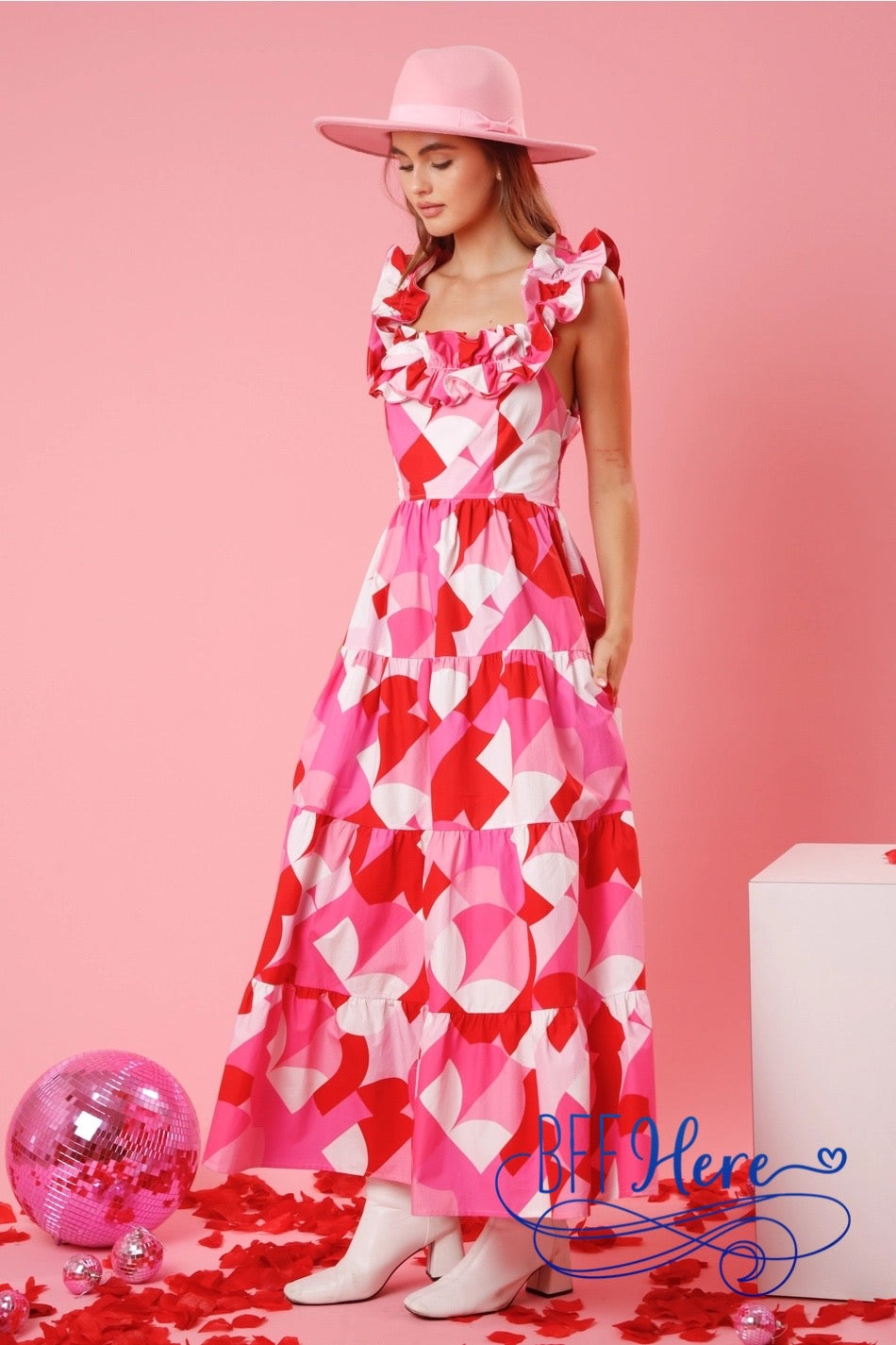 PREORDER: Geometric Grace: Ruffled Geo Print Maxi Dress (Ships End of January) - BFF Here