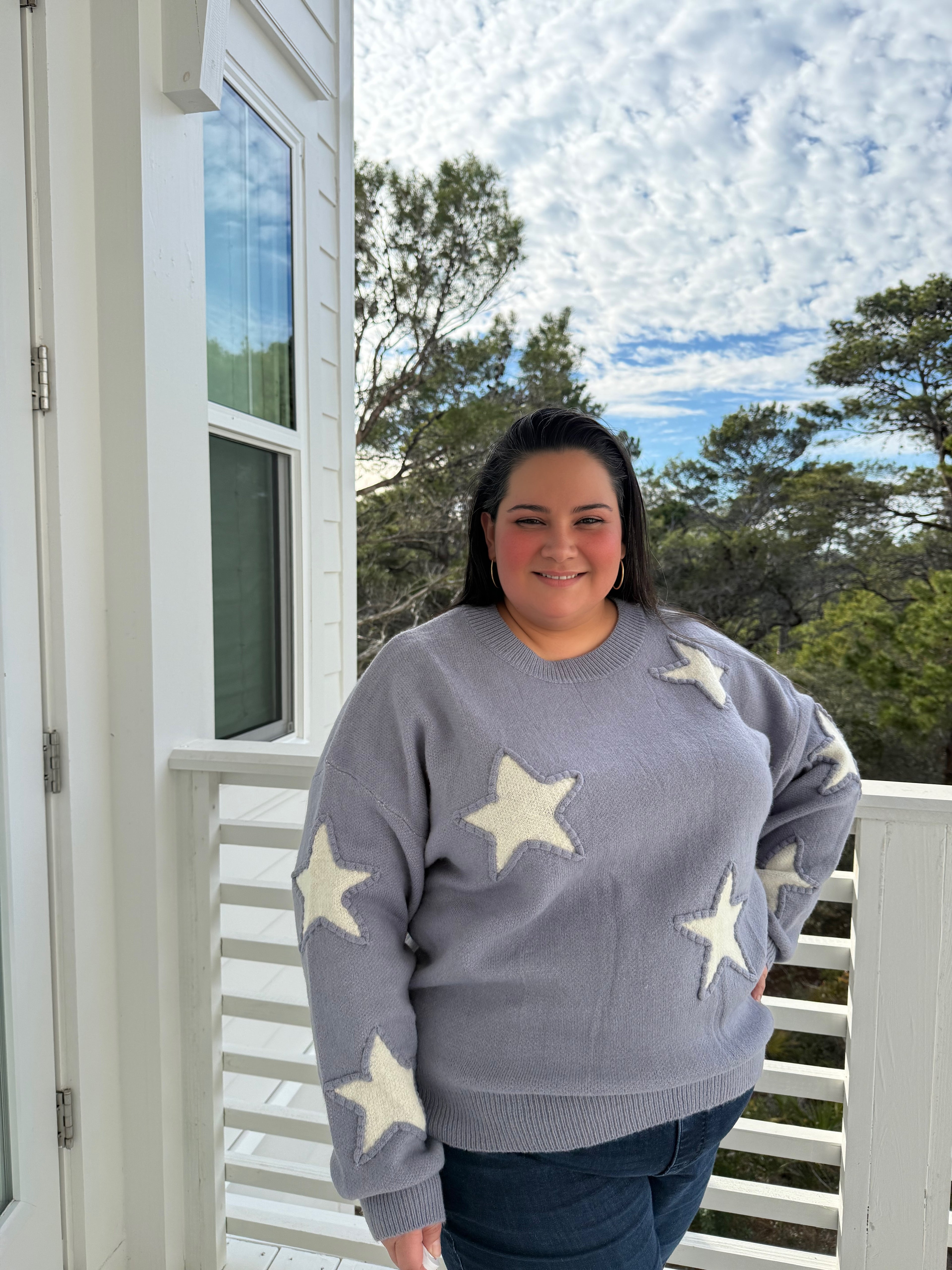 Crew Neck Sweater with Bold Star Print by Sew In Love (Ships 2-3 weeks) - BFF Here