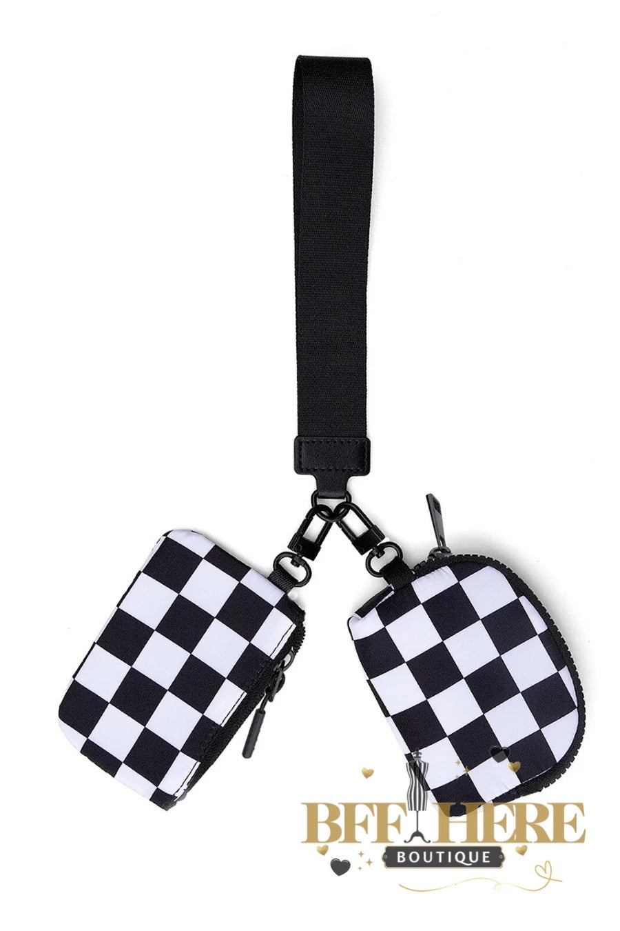 Double Pouch Wristlet, Black/White Checkered by Jess Lea