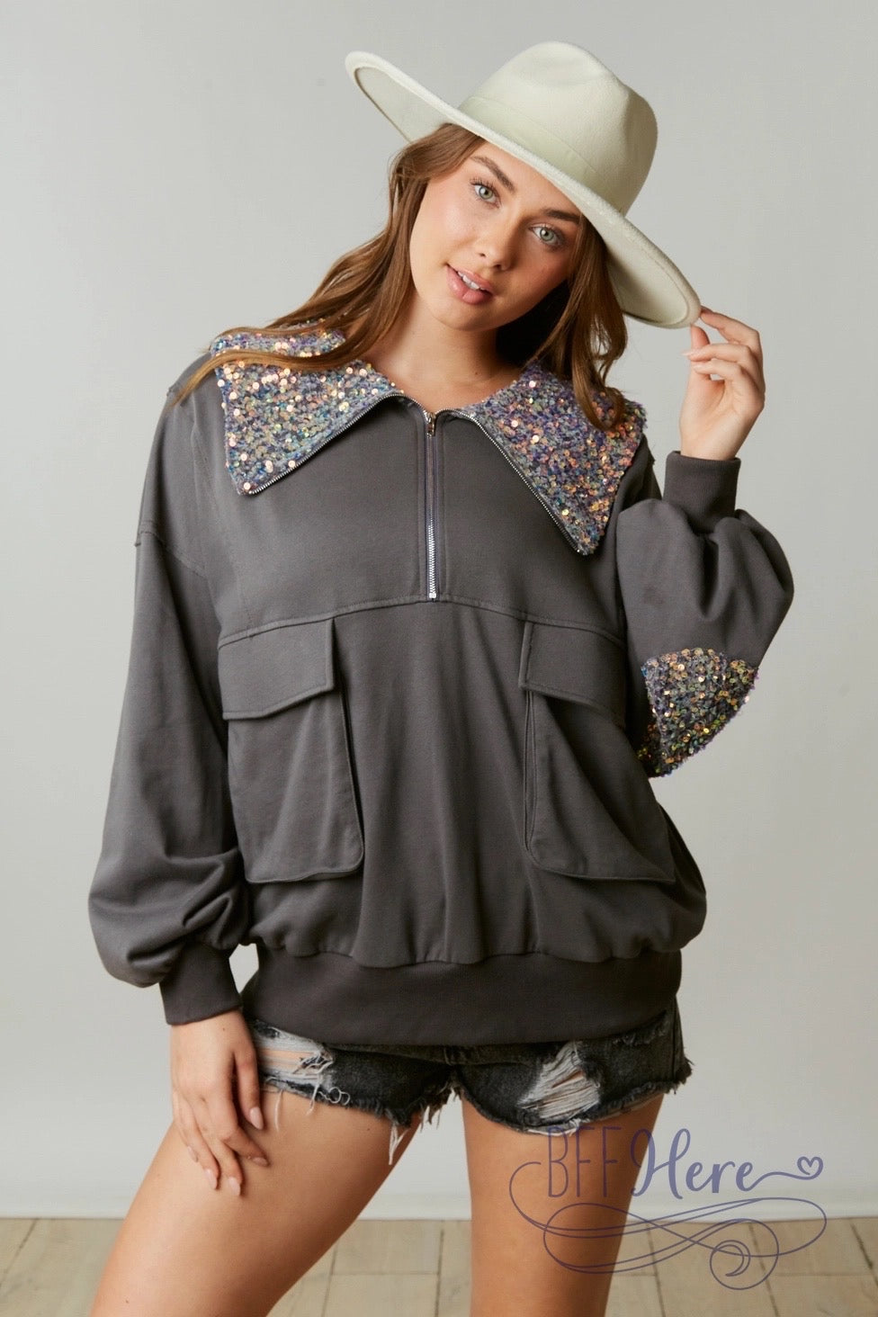 Elegant Fusion: French Terry & Sequin Half-Zip - BFF Here