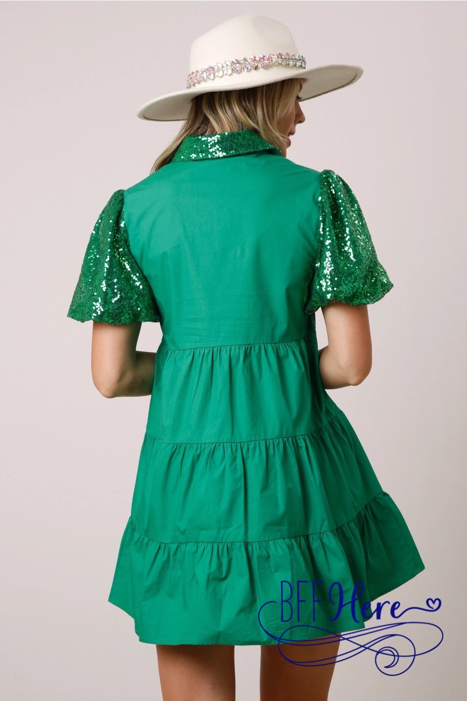 PREORDER: Shamrock Shimmer: St. Patrick's Sequin Clovers Shirt Dress (Ships End of January) - BFF Here