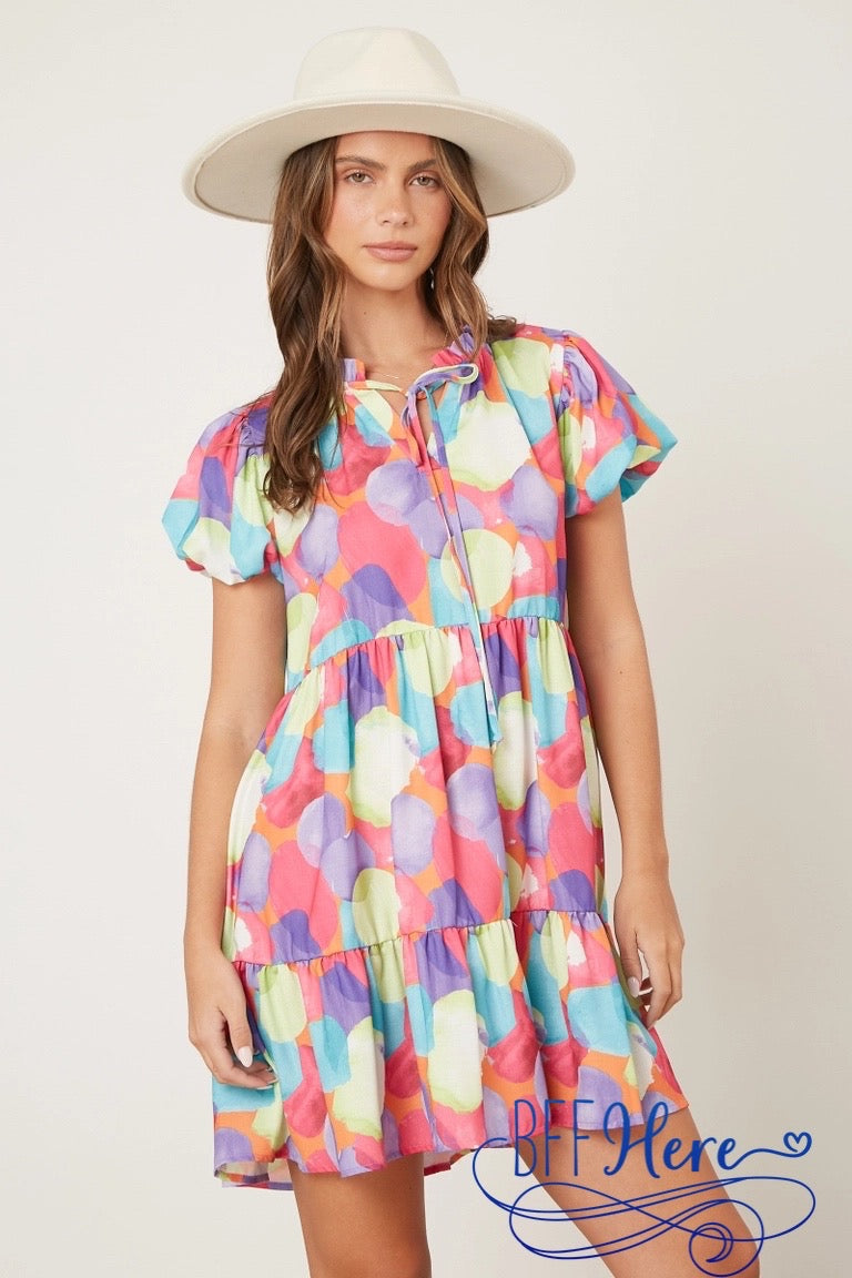 Color Cascade: Multicolor Linen Ruffle Dress - BFF Here