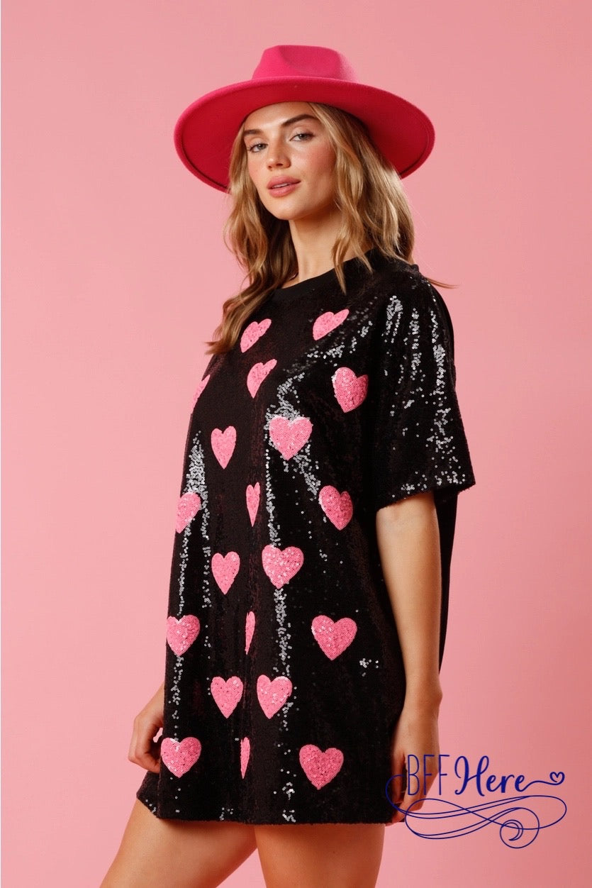 Blushing Hearts: Pink Sequin Shirt Dress - BFF Here