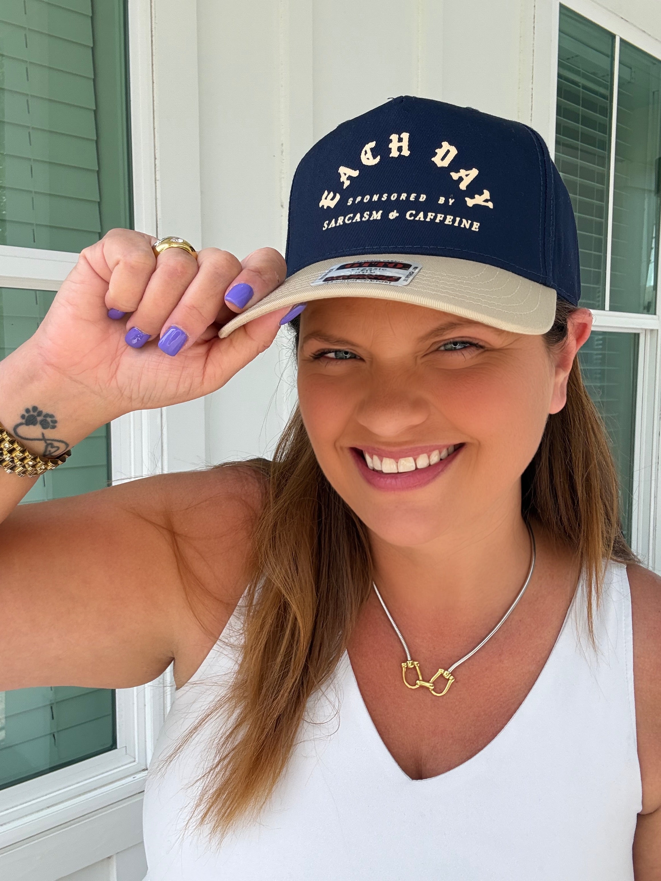 Each Day Sponsored By Sarcasm & Caffeine Navy/Tan Canvas Trucker by Southern Bliss (ARRAY) — Ships 2-3 weeks - BFF Here