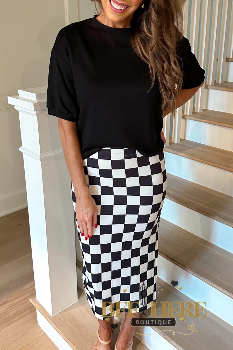 PREORDER-Checkered Printed Midi Skirt, Black/White by Jess Lea (ETA: Middle of January)