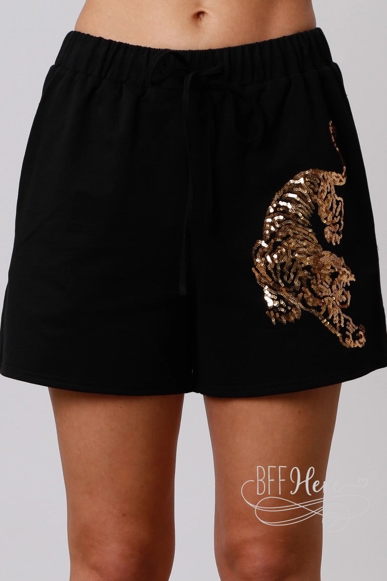 PREORDER: Jungle Glitz: Sequin Tiger Print Shorts / (Ships End of January) - BFF Here