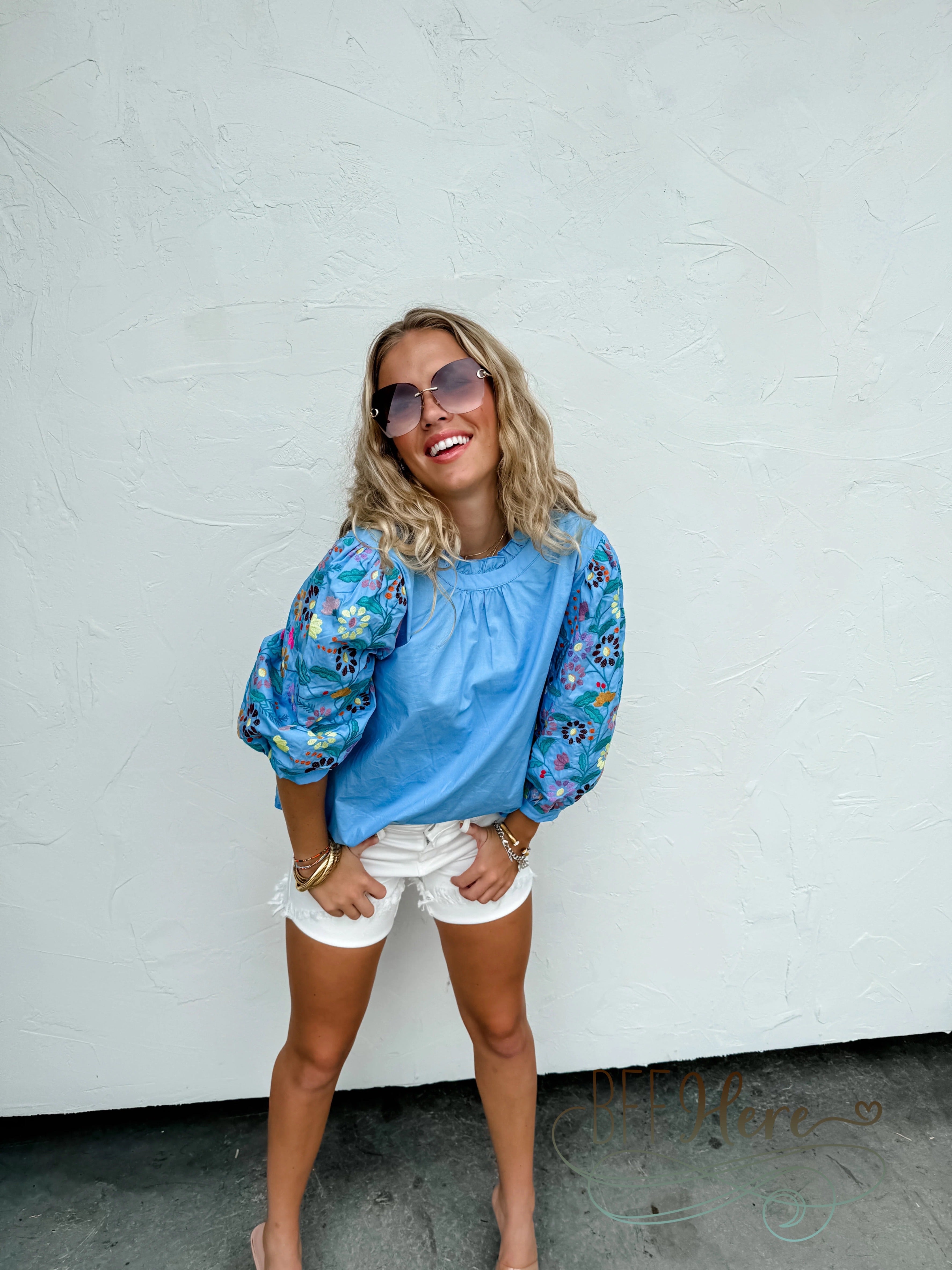 Summer Breeze Top:  With Vibrant Floral Embroidered Sleeves / Choice of Color - BFF Here