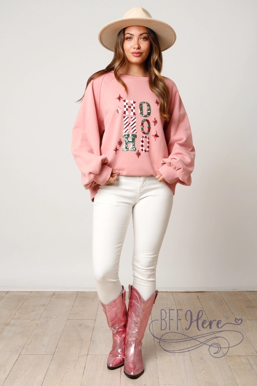 Jolly & Dazzling: Sequin 'Ho Ho Ho' Christmas Sweatshirt / Choice of Color - BFF Here