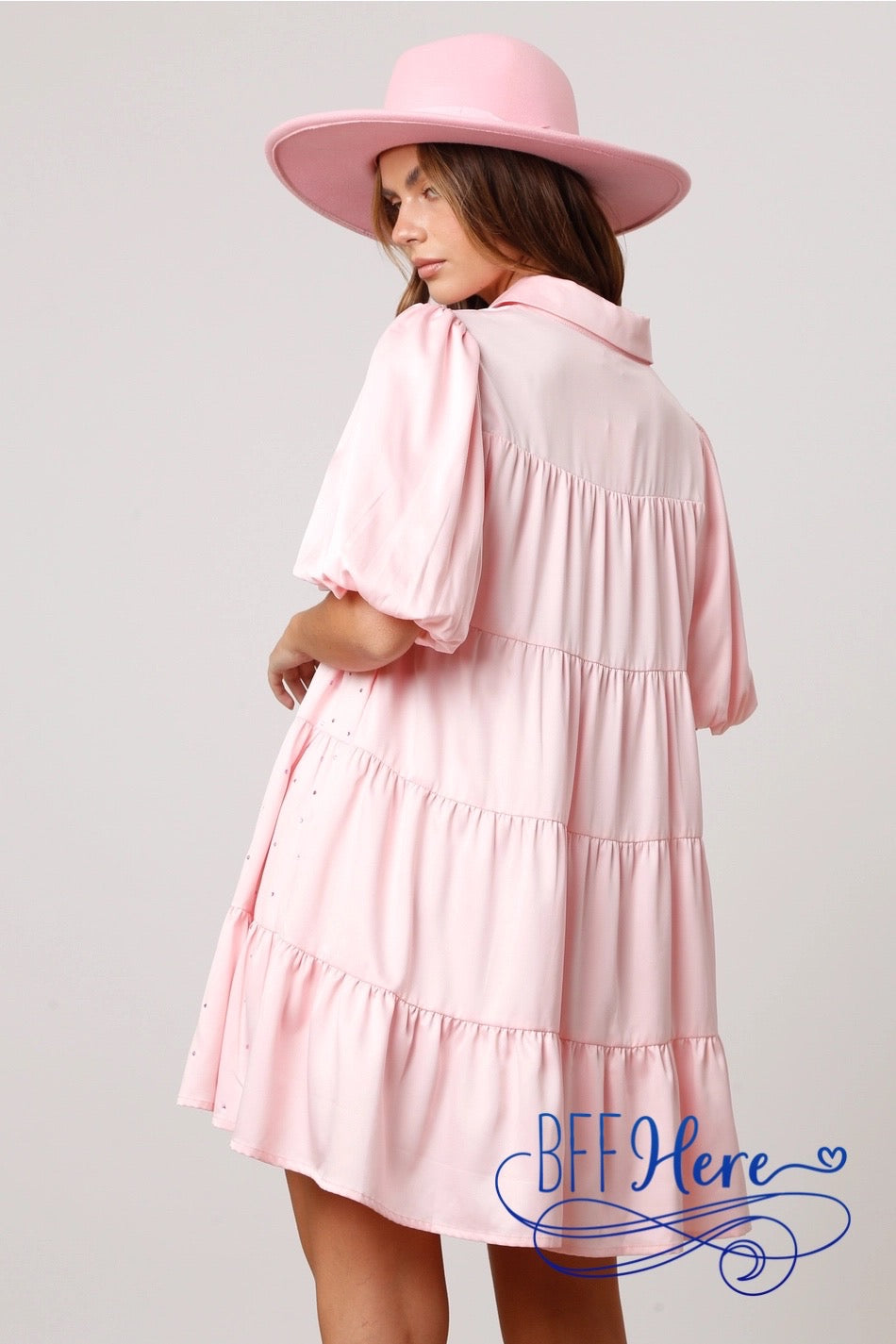 PREORDER: Pink Perfection: Rhinestone Embellished Satin Shirt Dress (Ships End of January) - BFF Here