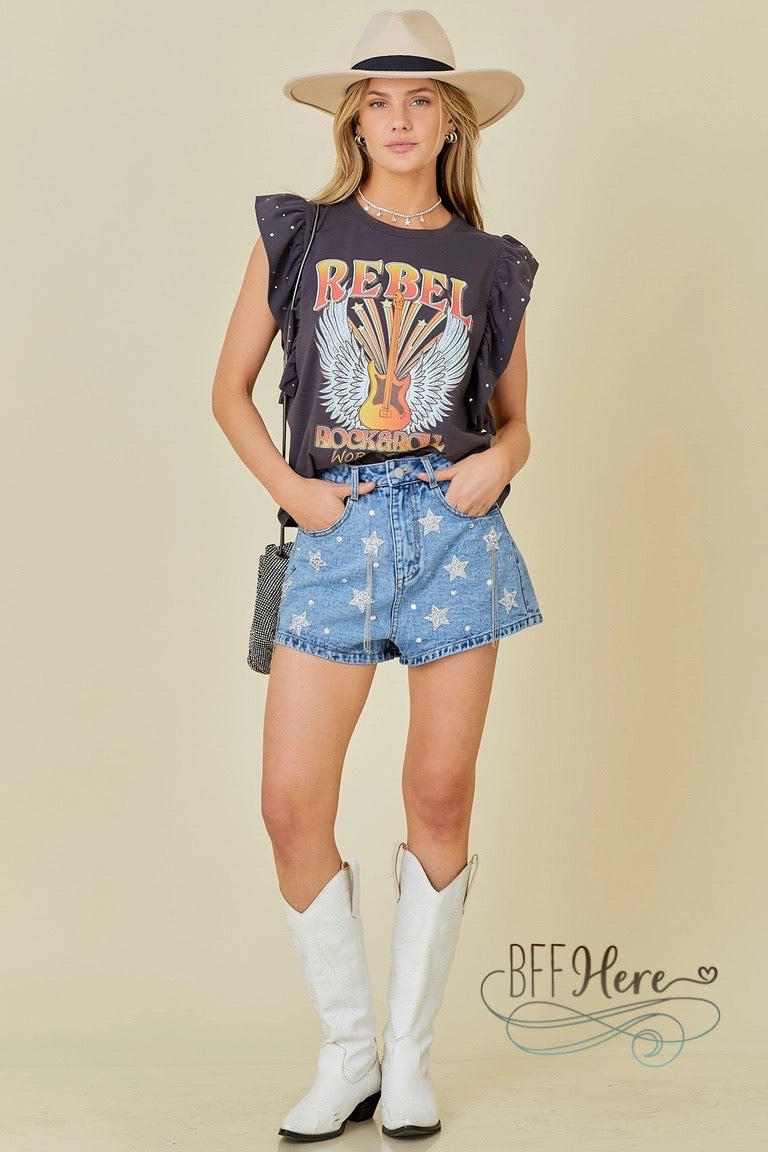 Rebel Rock & Roll World Tour Ruffle Sleeve T-Shirt - BFF Here