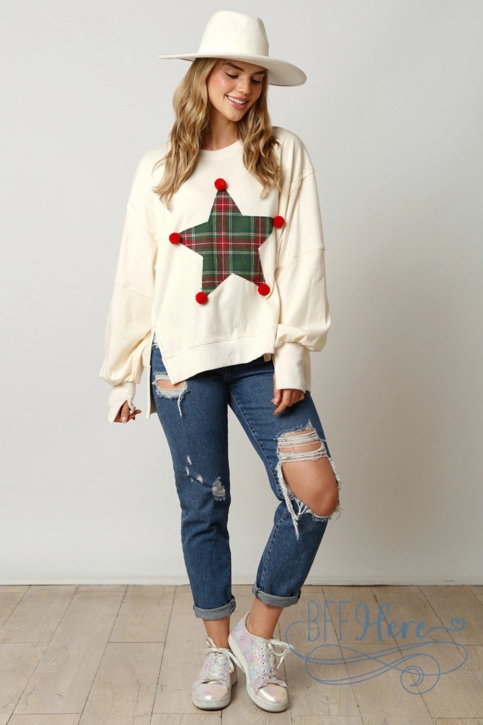 Whimsical Star Plaid Pom Pom Sweatshirt - BFF Here