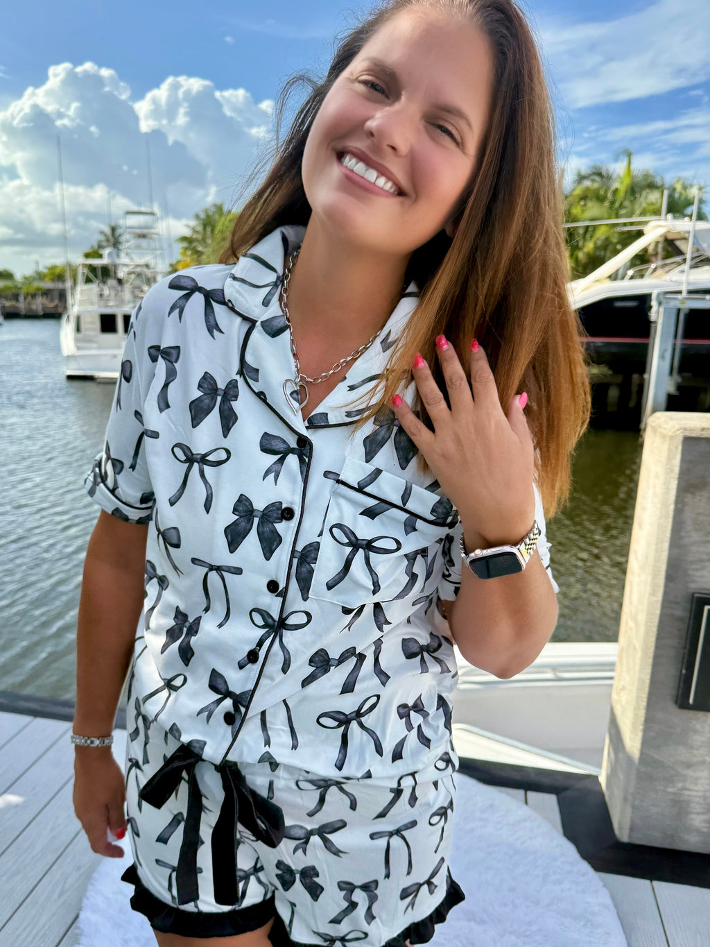 Midnight Bow Short Sleeve Ruffle Pajama Set by Jess Lea - BFF Here