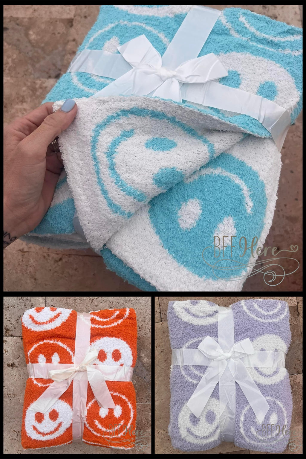 Cheerful Embrace - Cozy Smiley Throw Blanket / Choice of Color - BFF Here