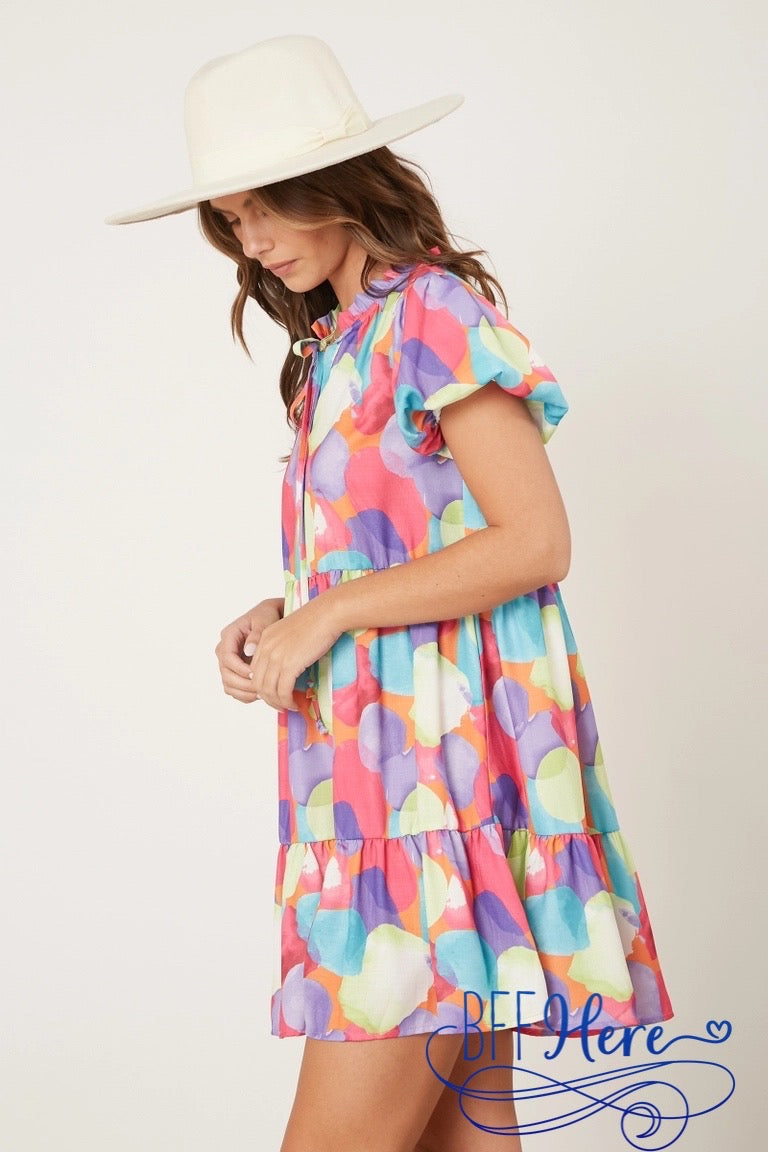 Color Cascade: Multicolor Linen Ruffle Dress - BFF Here