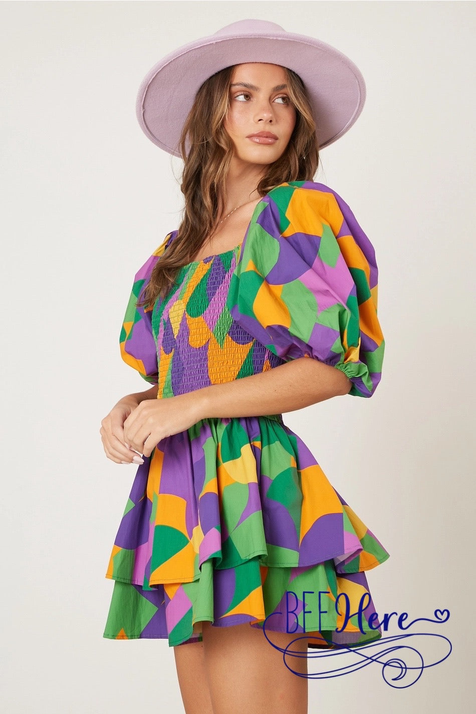 PREORDER: Festive Geometry: Mardi Gras Geo Print Smocked Romper (Ships Middle of January ) - BFF Here