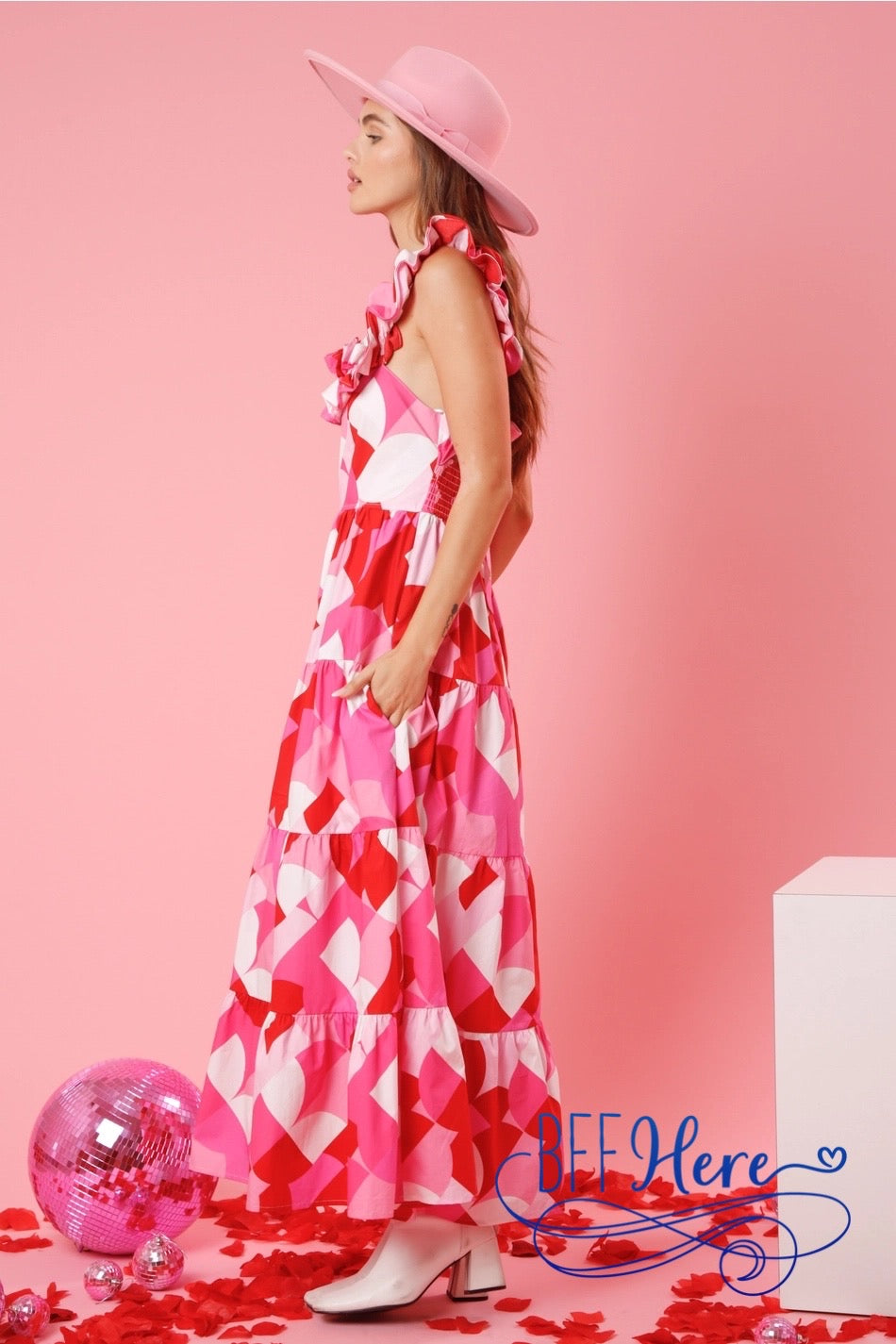 PREORDER: Geometric Grace: Ruffled Geo Print Maxi Dress (Ships End of January) - BFF Here