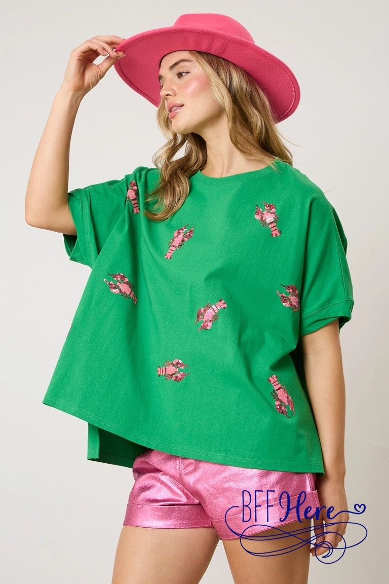 Ocean Glam: Lobster Sequin Patch T-Shirt - BFF Here