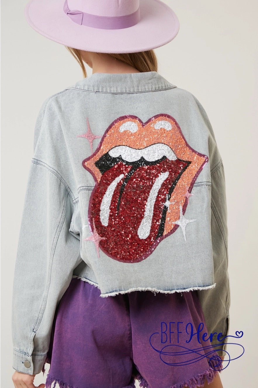 PREORDER: Rock 'n' Sparkle: Sequined Rolling Stones Denim Jacket (Ships Middle of February ) - BFF Here