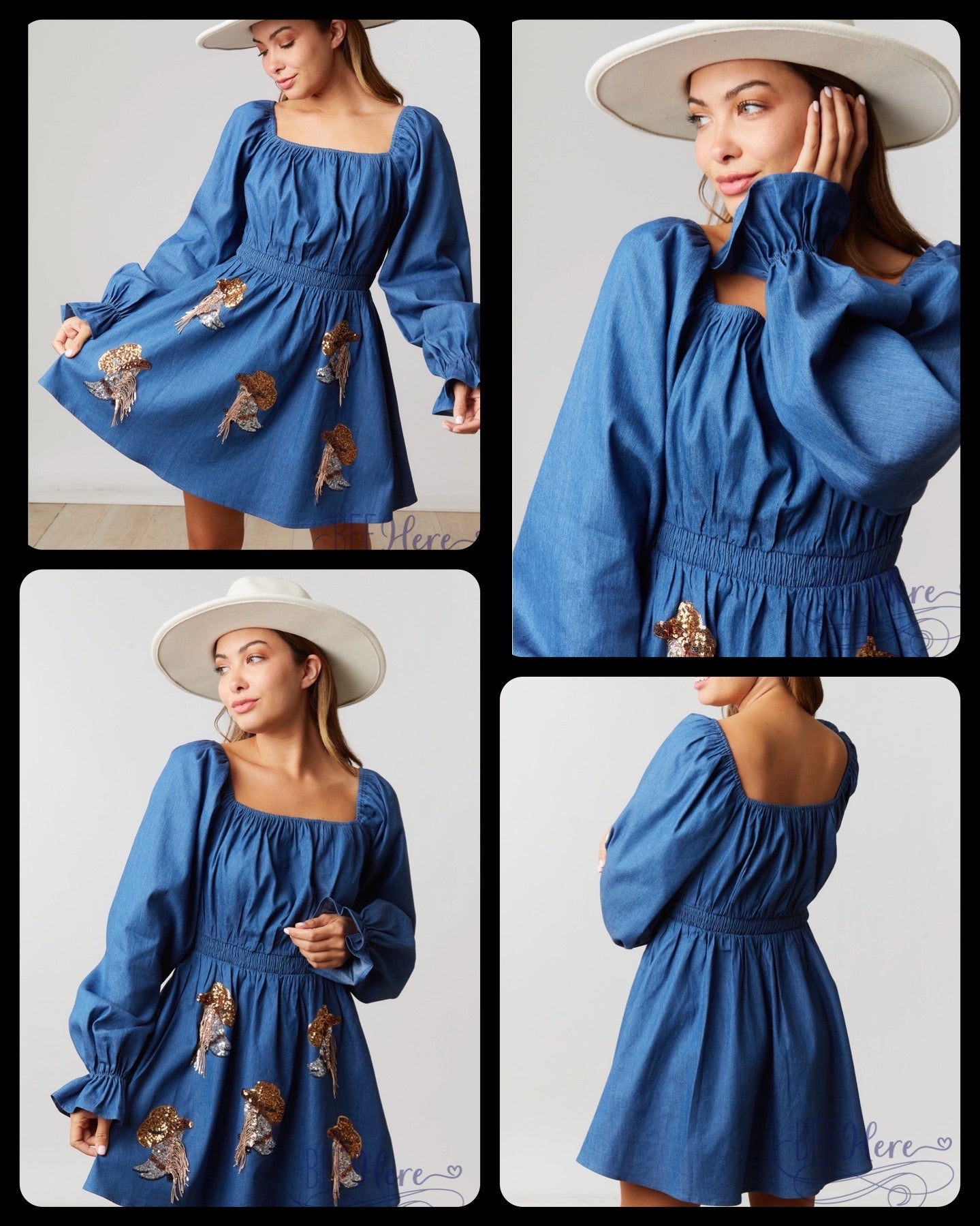 Cowgirl Couture: Denim Puff Sleeve Dress Featuring Boot and Hat Accents - BFF Here