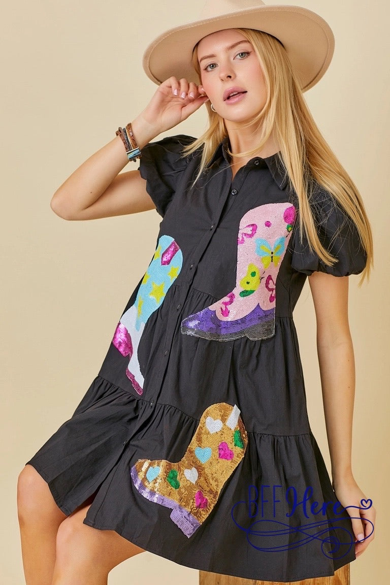 PREORDER: Midnight Sparkle: Black Dress with Sequin Boots (Ships Middle of February) - BFF Here