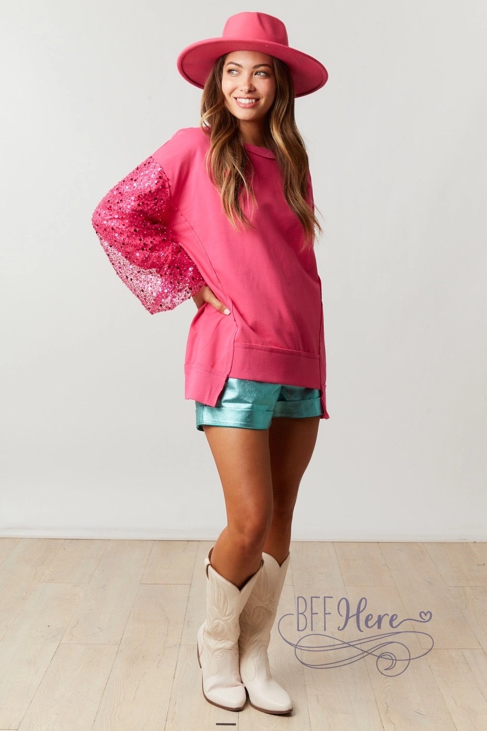 PREORDER: Sequin Sleeve French Terry Top: Effortless Glam (Ships Middle of September) - BFF Here