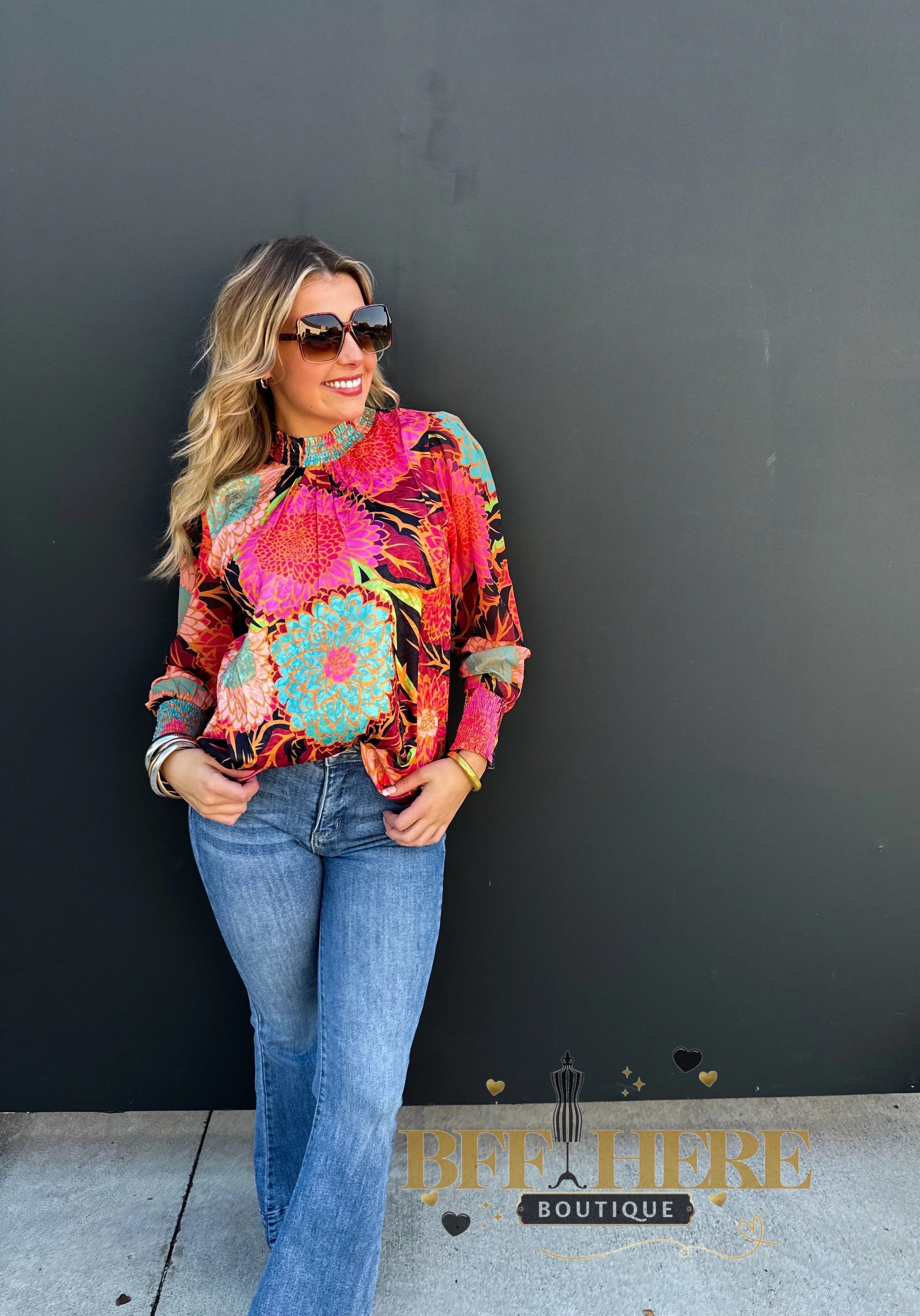 Bright Blooms Mock Neck Top - BFF Here