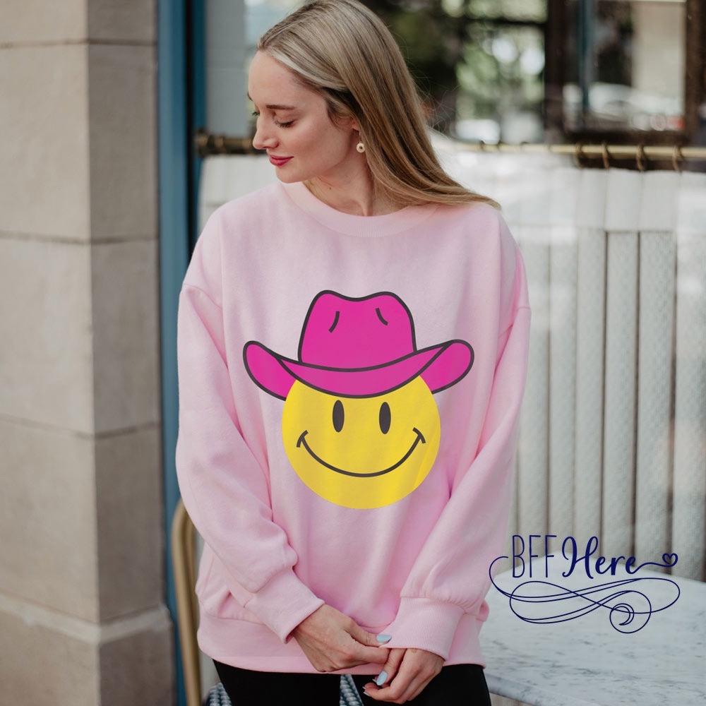 Rodeo Smiles: Cheerful Cowgirl Happy Face Cozy Sweatshirt! - BFF Here