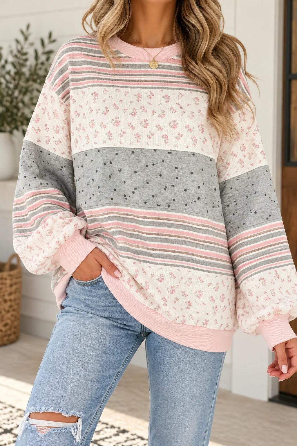 PREORDER: Petals & Pinstripes Patchwork Sweatshirt (ETA: November)