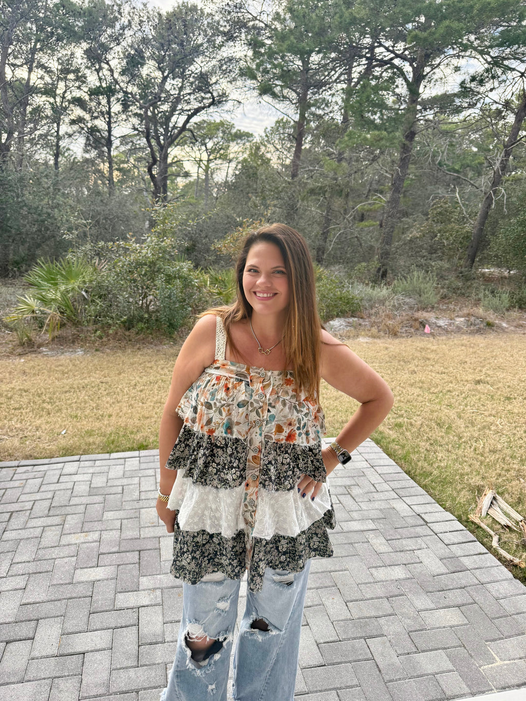 Boho Eyelet Patch Ruffle Floral Print Mini Dress by POL (Ships 2-3 weeks) - BFF Here