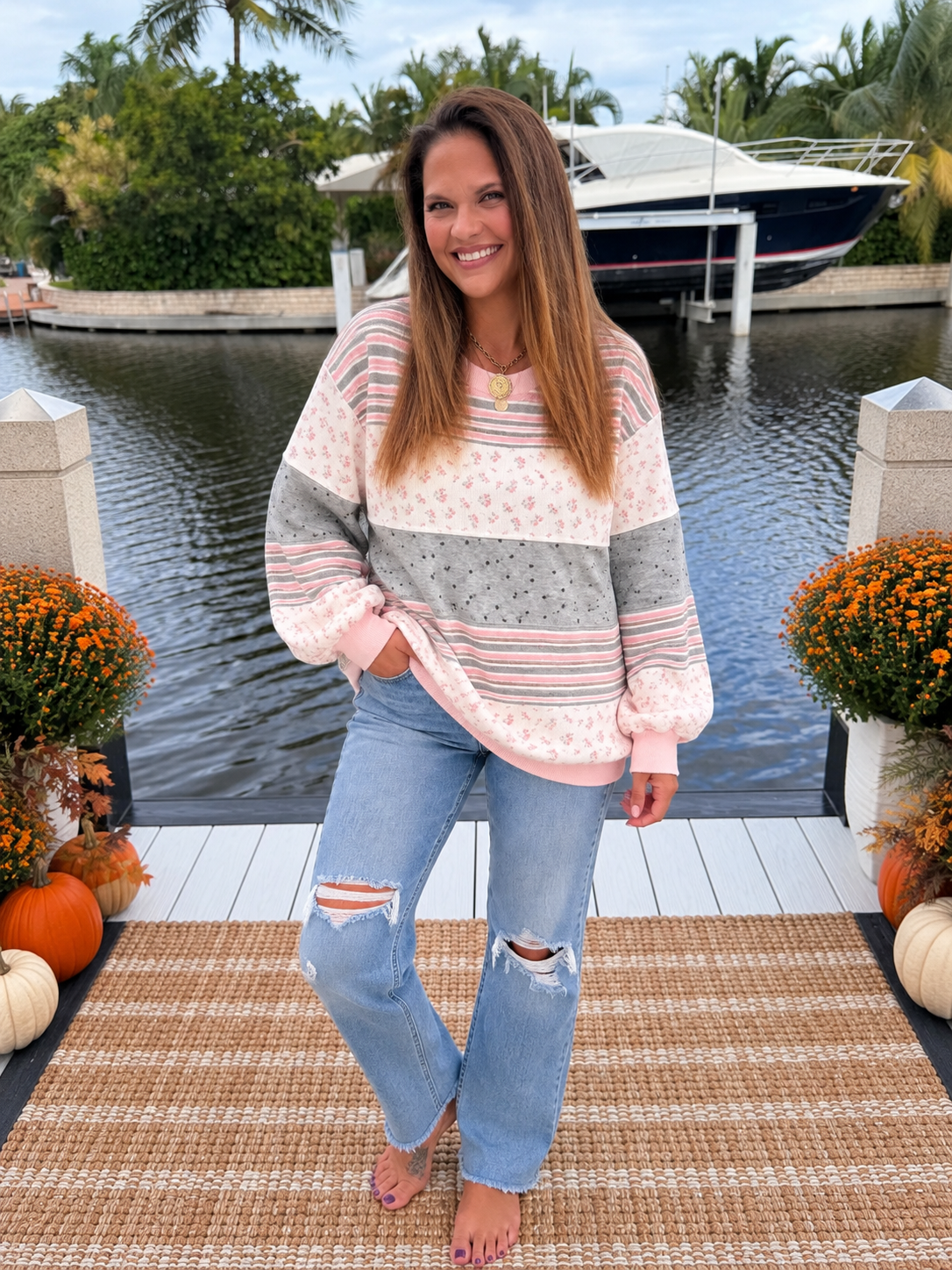 PREORDER: Petals & Pinstripes Patchwork Sweatshirt (ETA: November)
