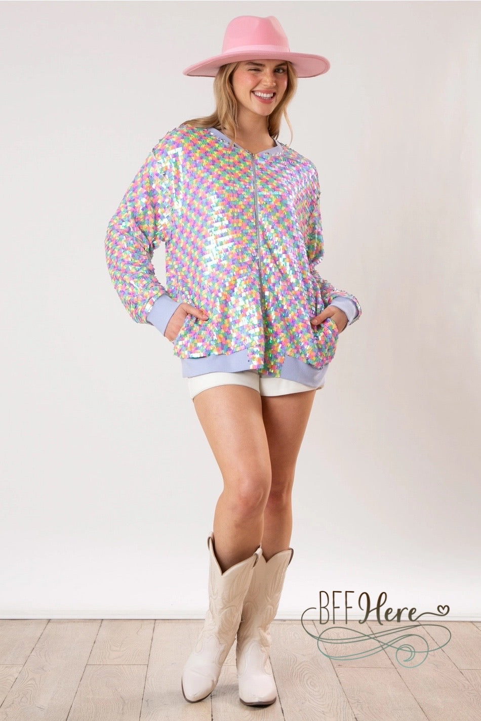 Pastel Prism Sequin Bomber Jacket - BFF Here