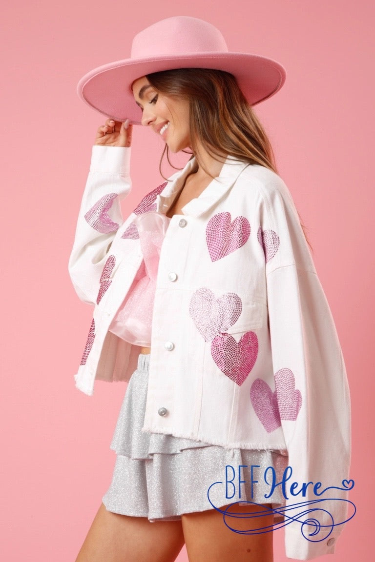 PREORDER: Denim Romance: Rhinestone Hearts Cropped Jacket (Ships End of January) - BFF Here