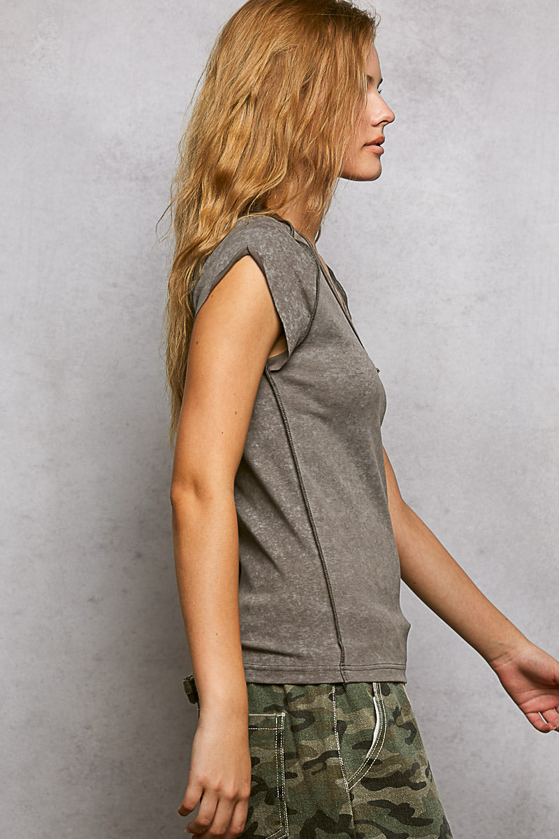 Vintage Wash V Neck Cotton Slim Fit Tee Top by POL (Ships 2-3 weeks) - BFF Here