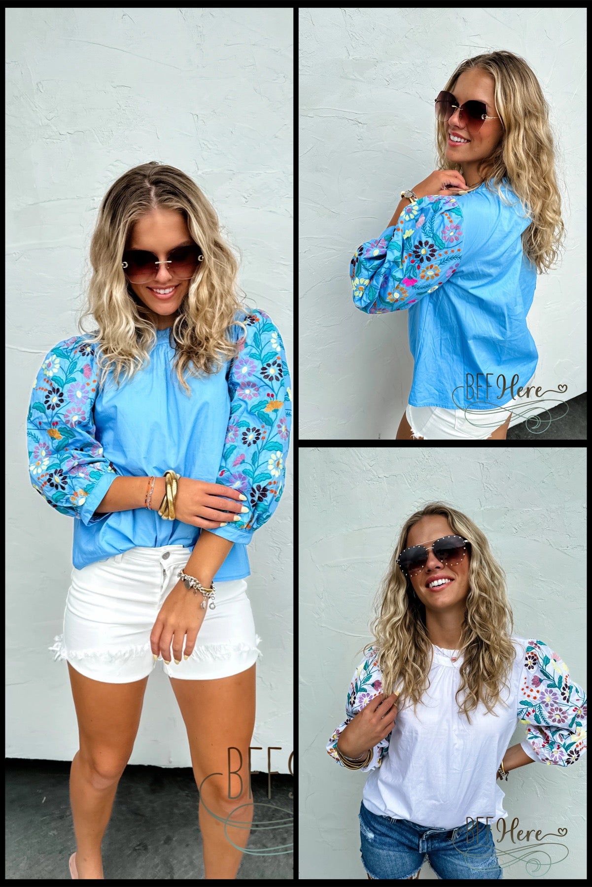 Summer Breeze Top:  With Vibrant Floral Embroidered Sleeves / Choice of Color - BFF Here
