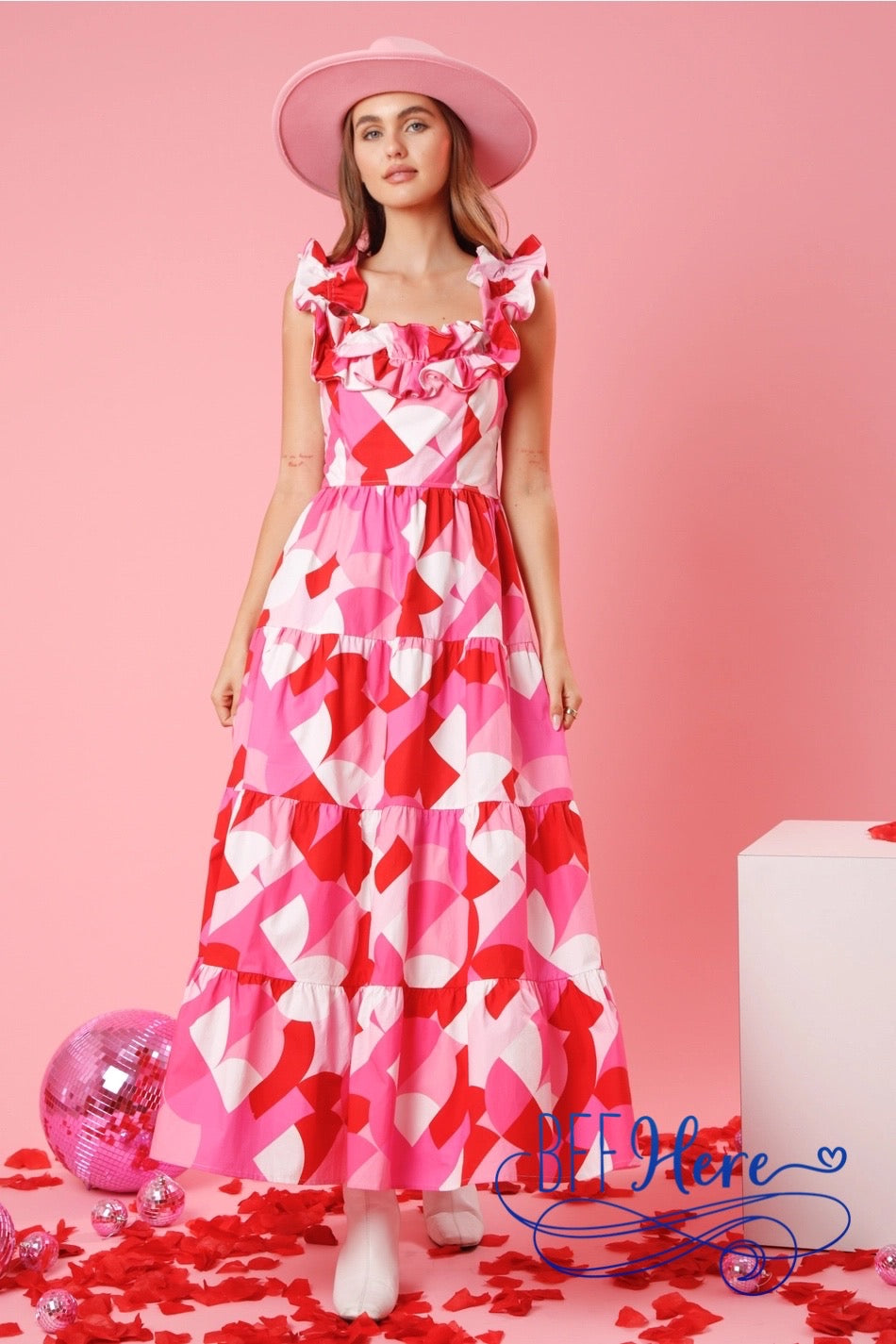 PREORDER: Geometric Grace: Ruffled Geo Print Maxi Dress (Ships End of January) - BFF Here