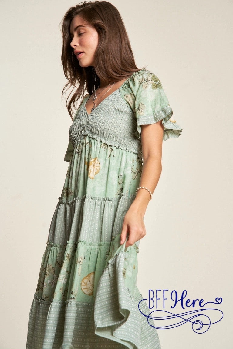 PREORDER: Botanical Bliss: Striped & Floral Smocked Ruffle-Tiered Dress (Ships Middle of February) - BFF Here