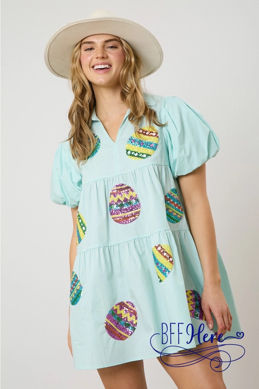 PREORDER: Glittering Egg Hunt: Sequin Easter Poplin Shirt Dress (Ships End of February) - BFF Here