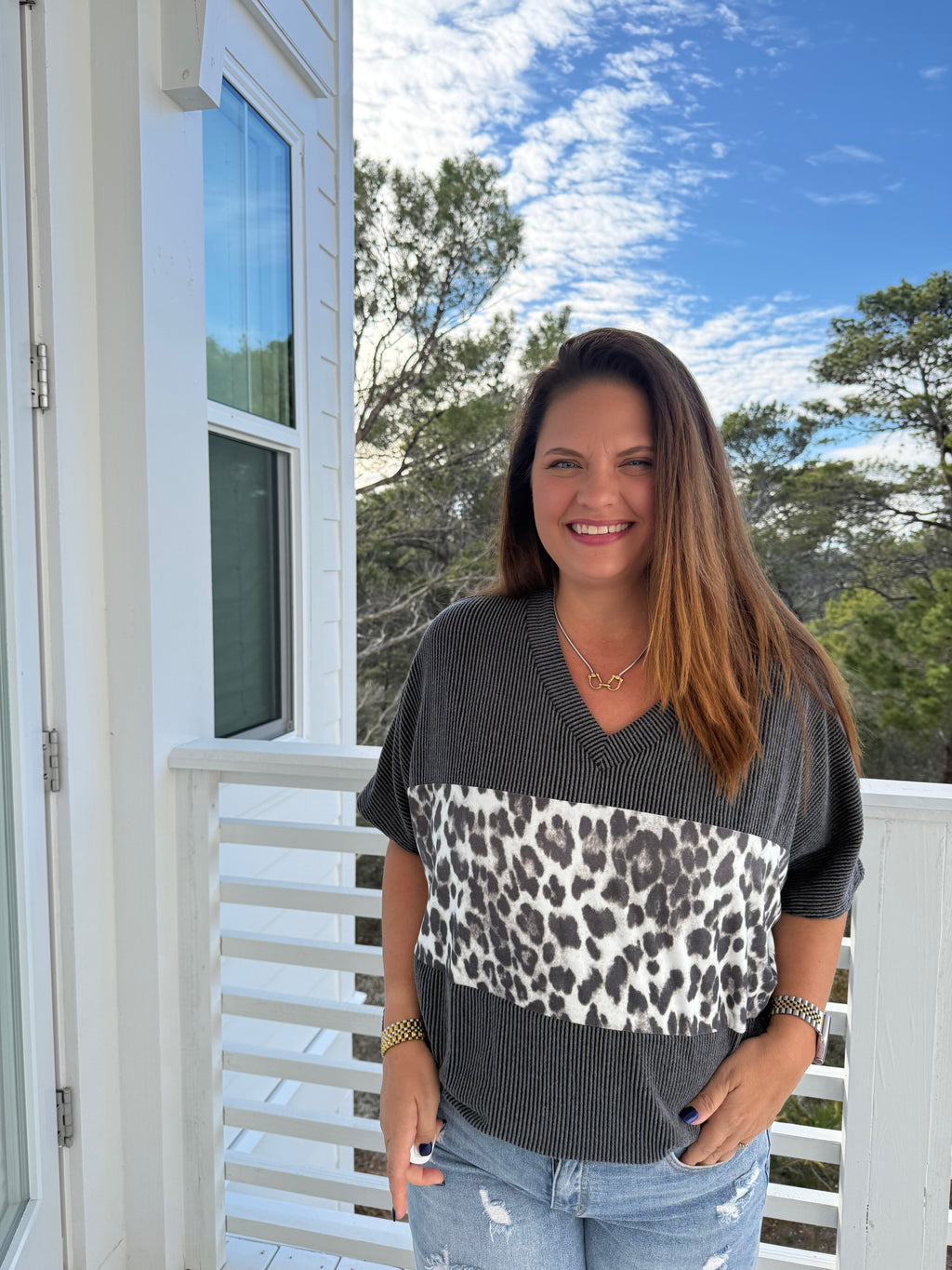 Charcoal Leopard Colorblock V-Neck Top  by Sew In Love (Ships 2-3 weeks) - BFF Here