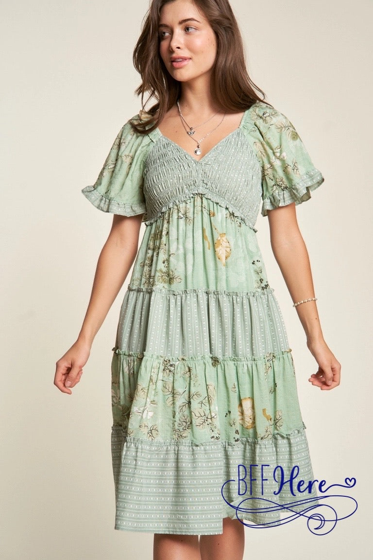 PREORDER: Botanical Bliss: Striped & Floral Smocked Ruffle-Tiered Dress (Ships Middle of February) - BFF Here